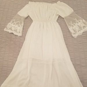 Lovely Sheer White Dress with Long Sleeves / Intricate Lace Design